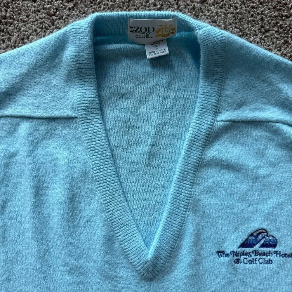 Vintage 70s Izod Naples Beach Golf Club V Neck Sweater Blue Large